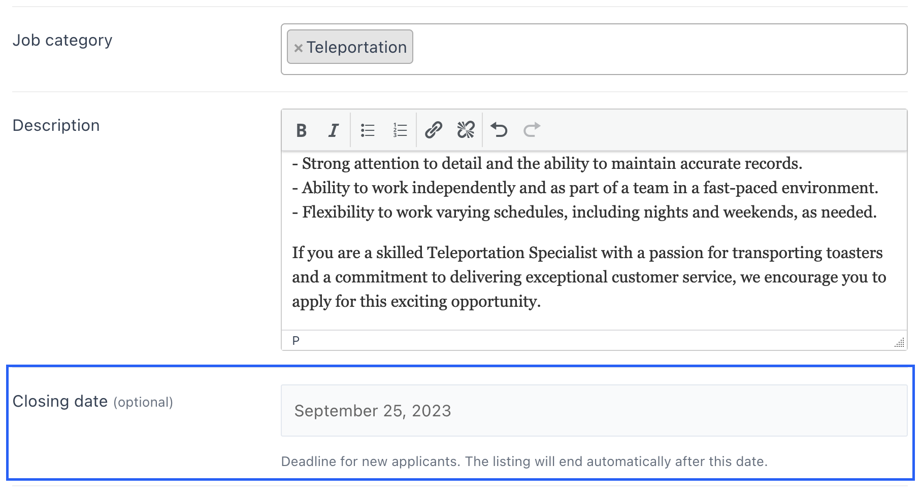 Screenshot of the closing date field in the job listing form.