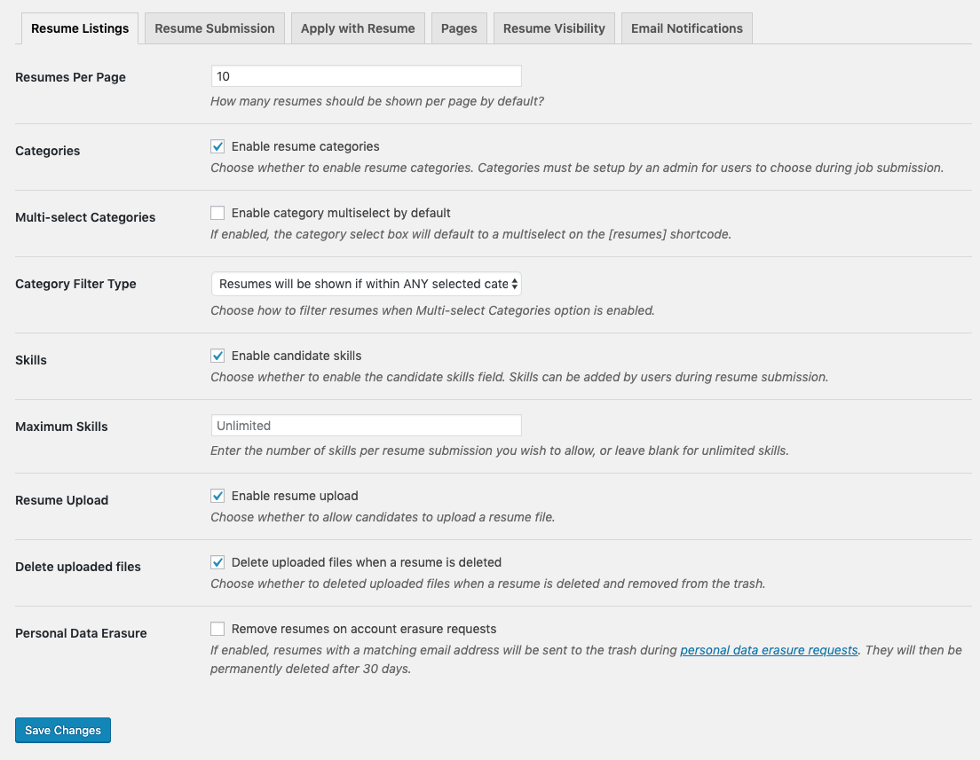 Resume Manager settings page