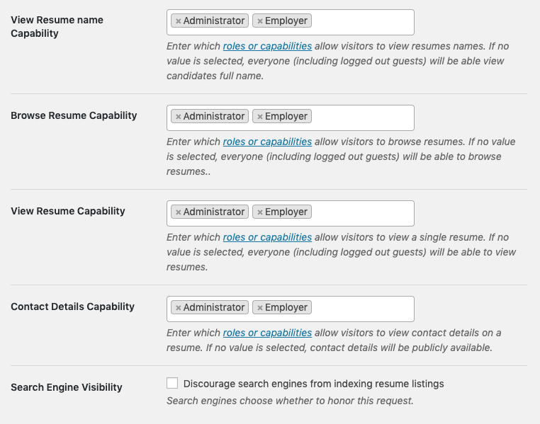 WP Job Manager Resume Manager visibility settings