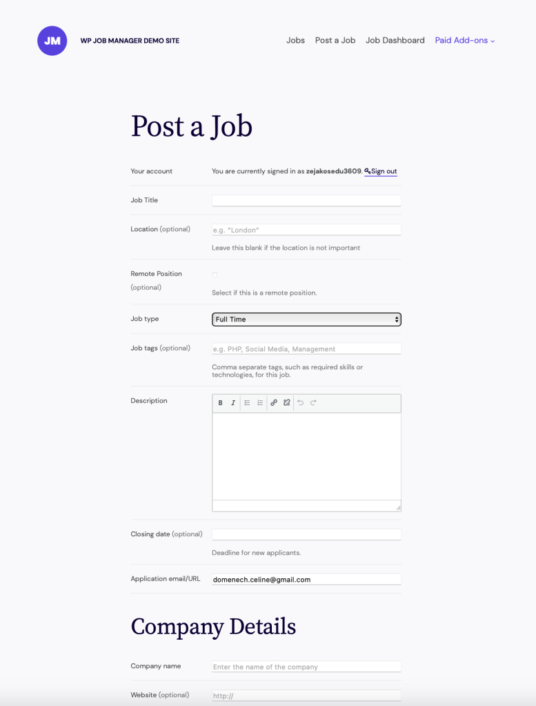 Posting a job with WP Job Manager.