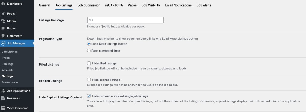 Settings for Job Listings