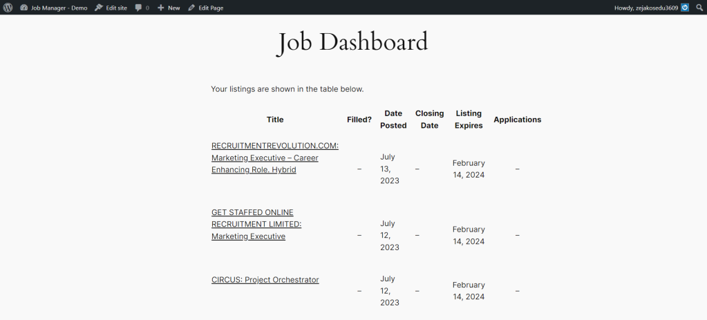 Job Dashboard (sample) created with WP Job Manager.