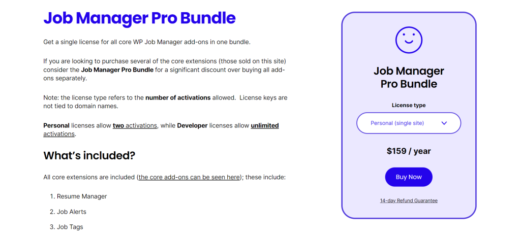 The WPJM Pro Bundle encompasses all essential extensions, providing a complete solution for your job posting requirements.