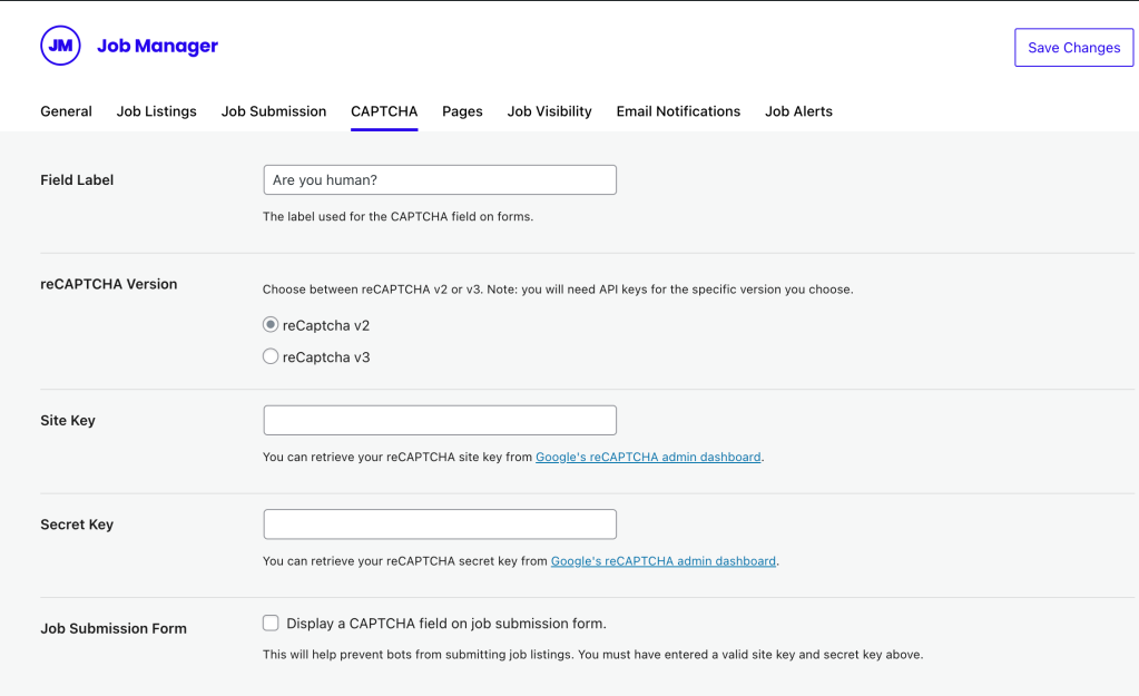 CAPTCHA settings for WP Job Manager